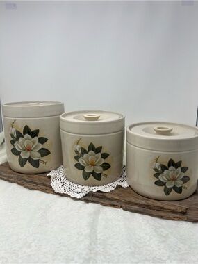 Vintage Stoneware Canister Set with Magnolia Motif